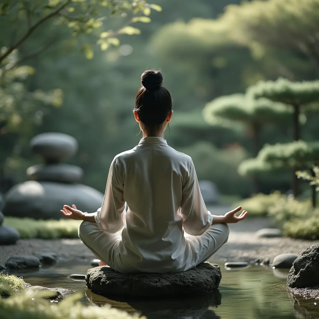 Personne pratiquant la méditation dans un environnement paisible