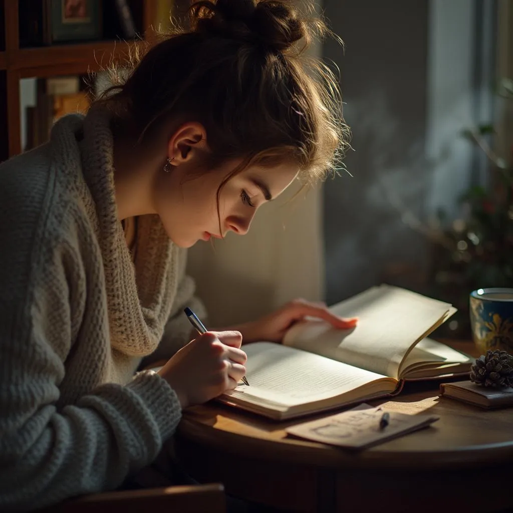 Personne réfléchissant devant un journal intime